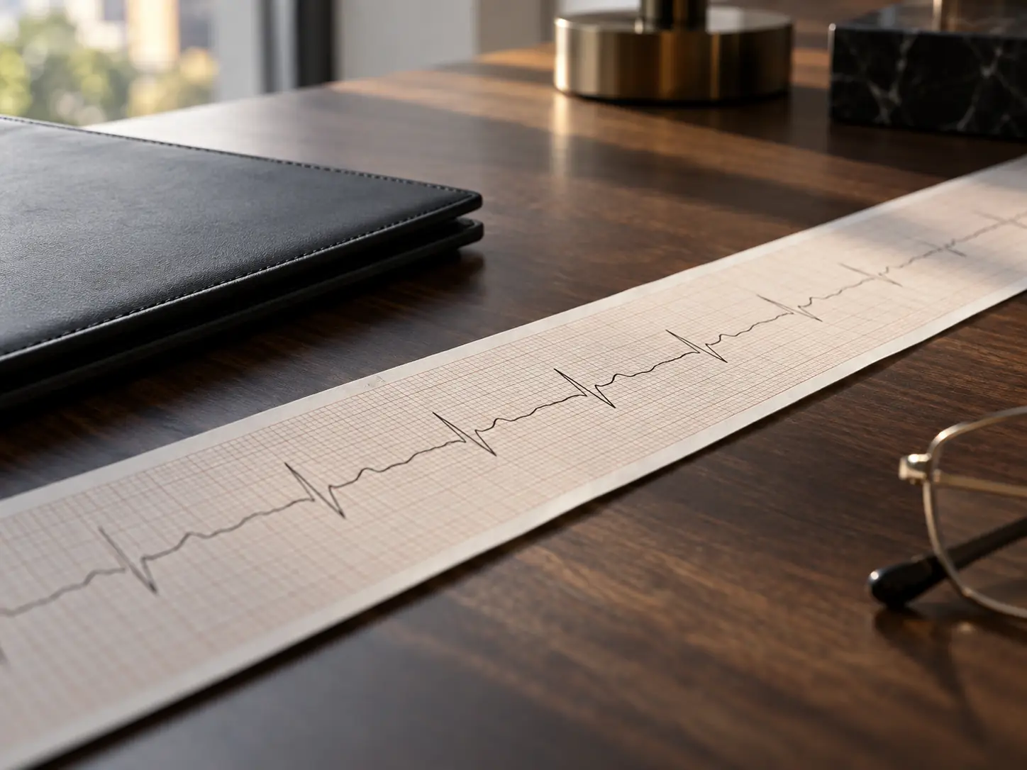 Tira de eletrocardiograma sobre mesa de madeira escura, ao lado de uma pasta preta e de óculos de leitura